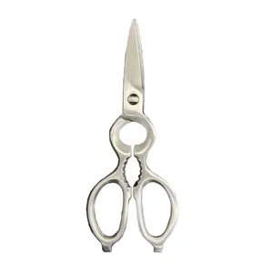 Stainless steel multi functional kitchen scissors detail view showing sharp blades.