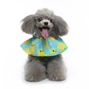 Cute duck pattern pet raincoat detail, waterproof hooded dog cape for small dogs outdoor.
