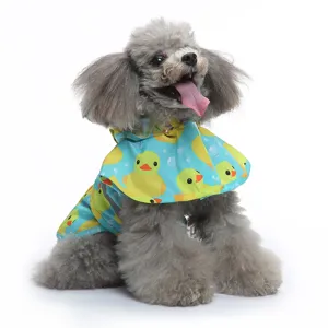 Cute dog raincoat with yellow duck pattern and reflective strips for small pets.