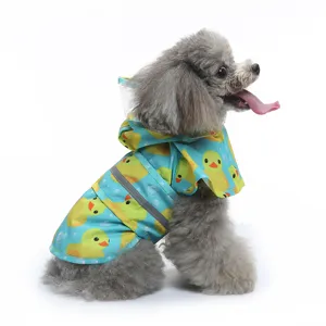 Detail shot of the cute duck pattern and reflective strip on the breathable pet dog raincoat.