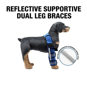 Dog leg brace for surgical injury recovery with flexible metal support and reflective strips