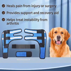 Breathable blue dog leg brace for injury support and joint stability after surgery.