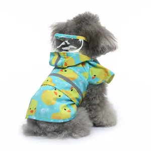 Cute waterproof pet dog raincoat with transparent hood and cute duck pattern for rainy days.