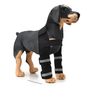 Professional protective dog leg brace for injury recovery with silver reflective strips
