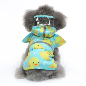 Pet dog raincoat detail view, light blue duck pattern hooded waterproof pet clothes.
