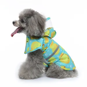 Waterproof cute dog raincoat with yellow duck pattern hood and reflective safety strips for pets