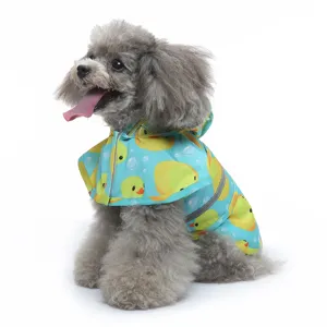 Cute pet dog raincoat with yellow duck pattern, hooded design and reflective strip for safety.
