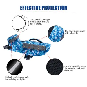 Blue camouflage anti-bite dog vest with metal spikes and handle for outdoor safety.