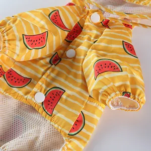 Gros plan détaillé du joli imperméable pour animaux motif pastèque avec boutons pression.