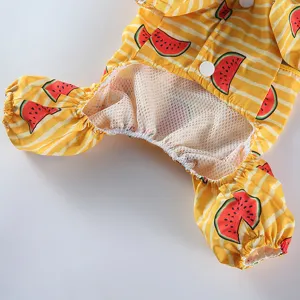 Vue détaillée d'un imperméable mignon pour animal de compagnie avec motif pastèque et doublure filet.