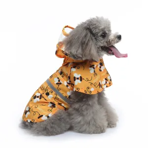Cute dog raincoat with cute bee print, hooded pet waterproof two-legged apparel for rainy days.