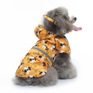 Cute bee pattern pet dog raincoat with transparent hood brim and safety reflective strip.
