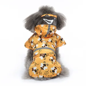 Cute dog raincoat with transparent hood, waterproof pet apparel with reflective strips for rainy days.