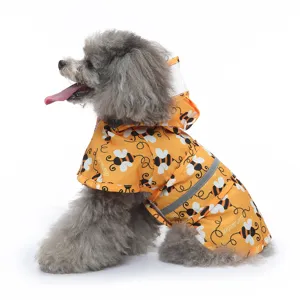 Waterproof pet dog raincoat with cute bee print, breathable hooded reflective pet apparel.