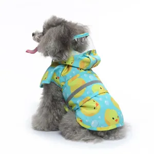 Blue small dog raincoat featuring a cute yellow duck pattern and reflective safety strip