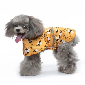 Waterproof dog raincoat with cute bee pattern reflective strip and hood for small pets.