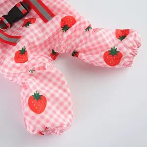 Détail d'imperméable pour animal de compagnie fraise, combinaison chien rose à carreaux.