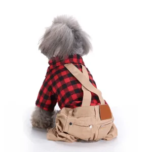 Hund kariertes Hemd mit Latzhose Welpe süß Kostüm Bekleidung Winter warme Haustier Kleidung