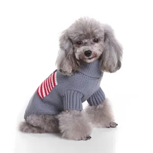 Grey turtleneck pet dog sweater with red white stripes, warm knit apparel for small dogs.