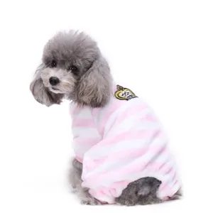 Cute plush dog pyjamas with pink stripes, four-leg pet jumpsuit for small dogs warm home wear.