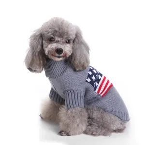 Close-up detail of cozy gray pet knit sweater with American flag pattern for small dogs.