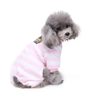 Cute pink and white striped plush four-leg dog pajamas pet clothing home wear main view.