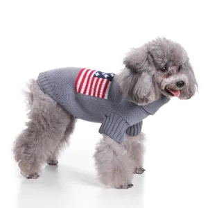 Classic retro pet dog sweater with American flag pattern, warm knitted clothes for small medium dogs.