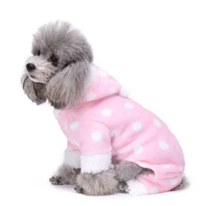 Cute pink polka dot pet dog pajamas four-leg plush jumpsuit with hood for small puppies.