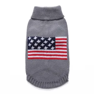Grey knitted pet dog sweater featuring American flag pattern, warm winter apparel detail