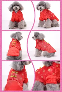 Collage met verschillende aanzichten van een feestelijk rood Chinees Tang-pak voor huisdieren