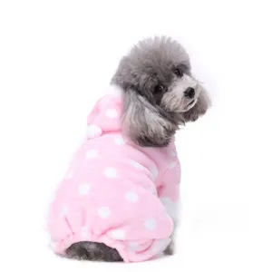 Cute pink polka dot fleece dog pajamas with hoodie, soft warm four leg pet jumpsuit for winter.