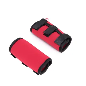 Red neoprene dog leg brace sleeves for joint protection and wound recovery in detail