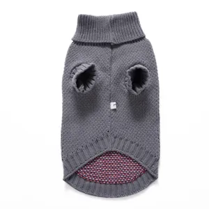Detailed view of grey turtleneck pet sweater with cozy knit texture and colorful inner trim.