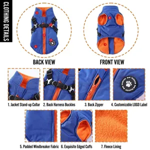 Dog winter jacket with built-in harness, blue quilted exterior and orange fleece lining