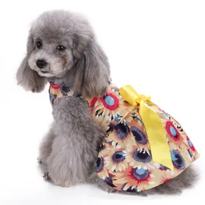 Sonnenblumen Haustier Sommerkleid mit gelber Schleife für kleine Hunde, weicher Stoff.