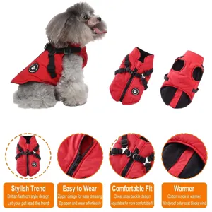 Red dog winter jacket with integrated harness and back zipper, warm British style coat