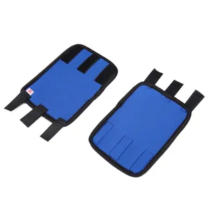 Detailed view of blue dog leg braces with adjustable Velcro straps for joint support