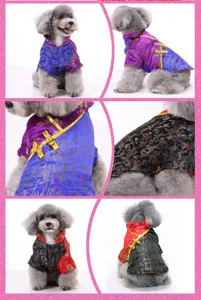 Gedetailleerde weergave van een Tang-pak voor honden met borduursels en knopen.