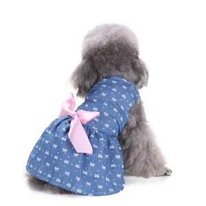 Süßes Jeans Hundekleid mit Schleife Sommer Haustier Kleidung für kleine Hunde und Welpen