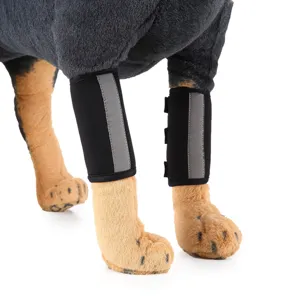 Protective dog leg braces with reflective strips for joint support and injury recovery.