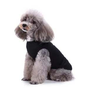 Gros plan détail d'un gilet noir uni pour animal de compagnie, t-shirt sans manches d'été pour chien.