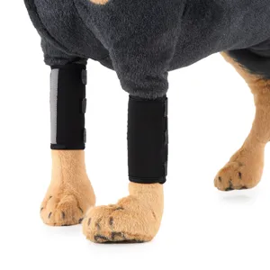 Detail of dog leg braces with reflective strip on a black dog protective sleeve