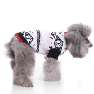 Detail view of a retro geometric knit dog sweater, keeping small and medium pets warm in winter.