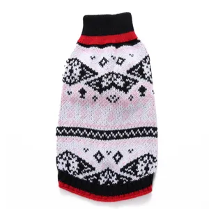 Detail shot of a retro knit pet sweater with classic geometric pattern and warm turtleneck.