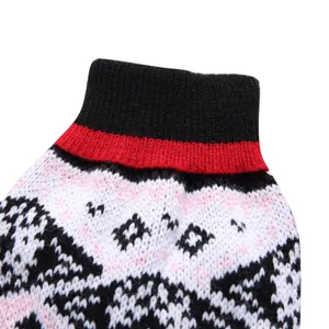 Close-up detail of knitted pet sweater collar, classic retro pattern, warm winter dog apparel.