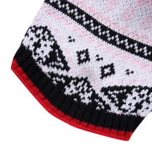 Close-up detail of retro knitted pet sweater with geometric pattern and red ribbed hem.