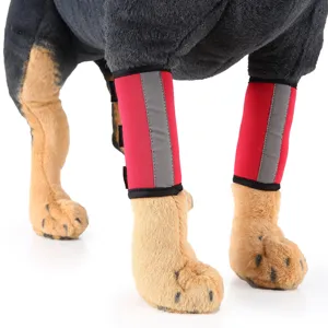 Detail view of red dog leg protectors with reflective strips for joint support.