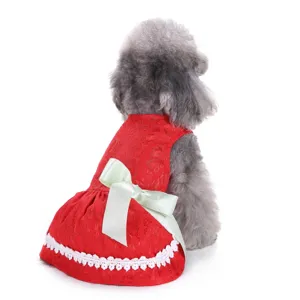 Red lace pet dog dress with green bow, cute puppy summer clothes for small dogs and cats.