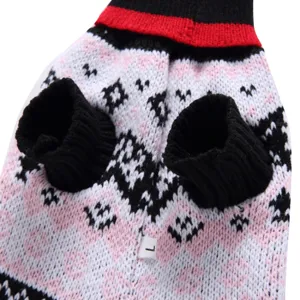 Knit pet sweater close up detail showing retro geometric pattern, warm dog winter apparel
