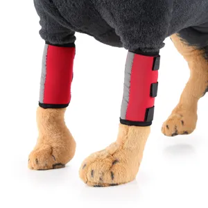 Detail of red dog leg brace with reflective strip and adjustable straps for support.